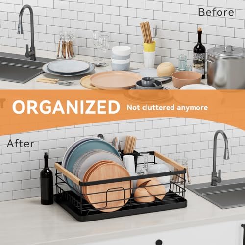 Dish Drying Rack, Dish Racks for Kitchen Counter, Stainless Steel Dish Drainer with Removable Cutlery Holder & Drainboard, Black