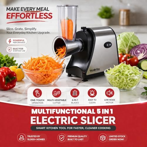 AUDRILO Electric Salad Maker & Cheese Grater, 5-in-1 Electric Vegetable Slicer with Interchangeable Stainless Steel Blades, Electric Food Processor for Cheese, Fruits & Vegetables, Electric Grater - Image 2