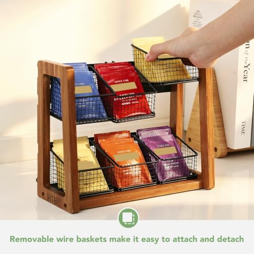 2 Tier Tea Organizer for Tea Bags with 6 Removable Metal Baskets