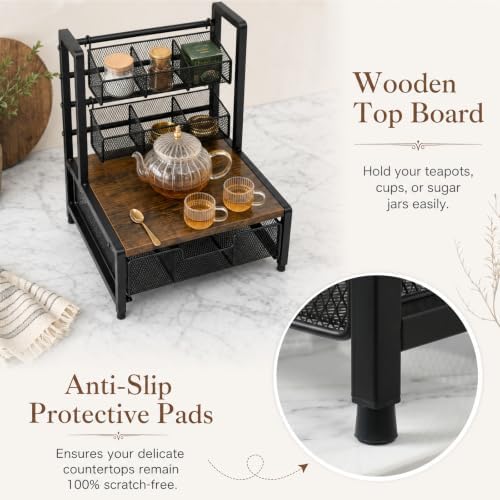 3 Tier Coffee Station Organizer with Drawer and Hanging Baskets, Wood & Metal Large Capcity Coffee Bar Organizer for K Cups, Coffee Pods, Tea Bags, Sugar Packets, Countertop Storage Rack