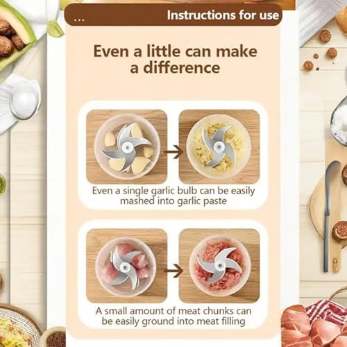 Electric Garlic Chopper, 320ML Mini Portable Veggie Chopper with 6 Sharp Blades, Rechargeable Electric Food Chopper Tool, Wireless Veggie Grinder, for Onions Ginger Chili Nuts Meat (Mix*2) - Image 4