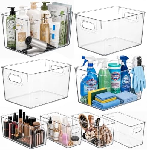 8 Pack Clear Plastic Storage Organizer Bins, 4 Large & 4 Narrow