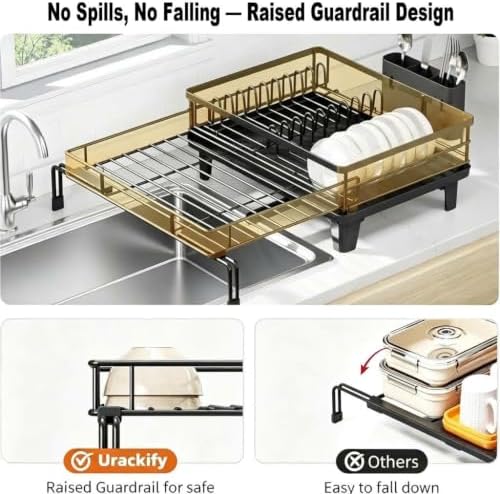 Expandable Dish Drying Rack for Kitchen Counter, 1-Tier, Heavy Duty Carbon Steel Over Sink Dish Drainer, Rust-Resistant Adjustable Dish Rack with Utensil Holder, Large Capacity, Black