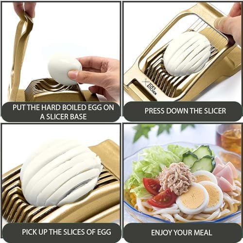 Good Grip Egg Slicer for Hard Boiled Eggs Heavy Duty Professional Large Aluminum Egg Slicer with Stainless Steel Wires Kitchen Aid Egg, Strawberry Slicer Hard Boiled Egg Cutter (Golden)