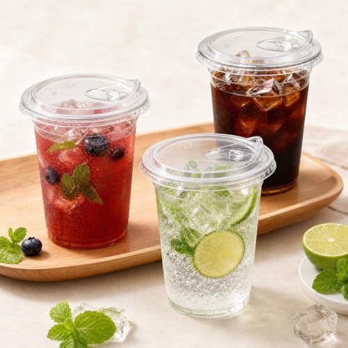 100 Pack 16 oz Clear Plastic Cups with Strawless Sip Lids