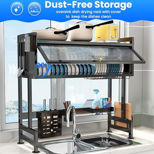 Dish Drying Rack, 3-Tier Over The Sink Dish Drying Rack, 33.5" Over Sink Dish Rack for Small Kitchen, Space-Saving Dish Rack with Cover, Baskets, Utensil, Large Sink Storage Organizer Black
