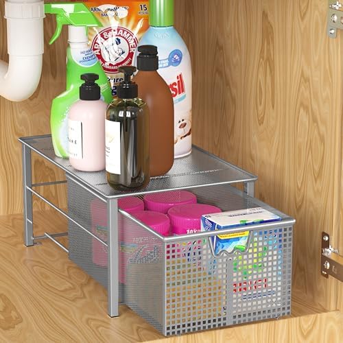 Stackable Pull Out Cabinet Sliding Basket with Divider, Large