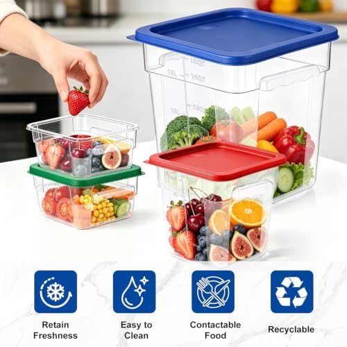 4Pack - 4QT Food Storage Containers with Lids & Handles, Polycarbonate Clear Airtight Food Container with Scale Marks for Bread Proofing, Flour, Commercial Grade, Restaurant & Kitchen, Square, Green