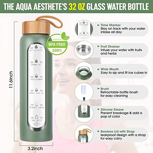 Glass Water Bottles 32 Oz with Silicone Sleeve - BPA Free Reusable Wide Mouth Glass Motivational Water Bottles with Fruit Infuser – Leak Proof Borosilicate Water Bottle with Time Marker (Green)