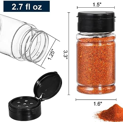 36 Pack 2.7 Oz Small Plastic Spice Bottles with Black Shaker Lids and Labels, Empty Plastic Jars with Lids, Seasoning Shaker Containers for Travel, Camping, Glitter, Gift, Party Favors - Clear