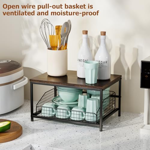 Pull Out Spice Rack Organizer for Cabinet,Rustic Wood Top with Wire Basket Storage,Kitchen Countertop Organizer and Storage for Pantry, Counter top,Coffee Station Wood. (Brown)