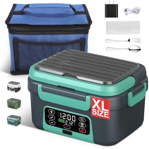 Cordless Electric Heated Lunch Box, 1.5L - 6.3 Cups 100W Rechargeable Smart Self-Heating Food Warmer with Removable Divider, Spoon, Fork, BPA Free, Portable Lunchbox for Car Travel Office Lake Green