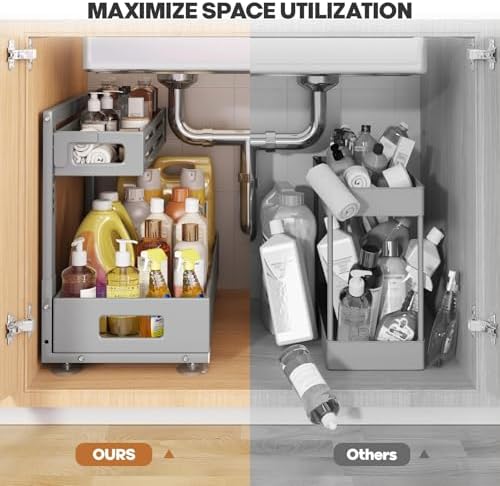 2 Pack 19IN-Depth Under Sink Organizer,Pull Out Cabinet Organizer With Smooth Cylindrical Rail,Metal Slide Out Drawer for Kitchen Bathroom Laundry,8-Level Tool Free Height Adjustable-Gun Gray