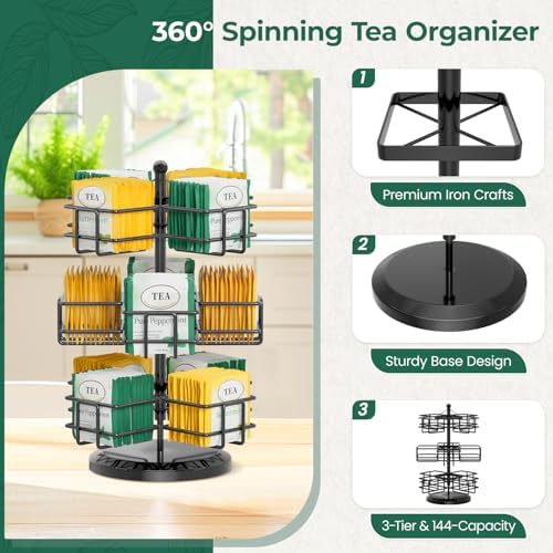 Tea Bag Holder Organizer for Counter, 3 Tier Metal Black