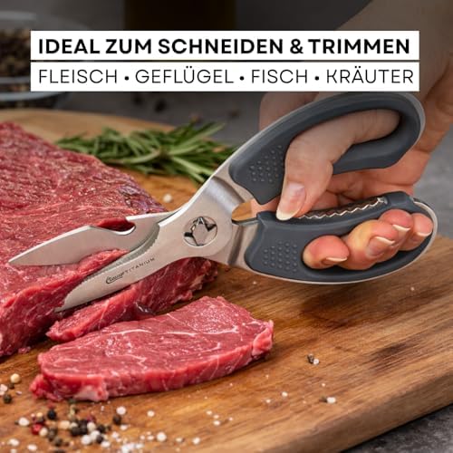 Kitchen Scissors Titanium Nitride Coated Grey | Soft Grip Household Scissors with Micro-Serrated Blades | Extra Hard & Removable Blades | Poultry Scissors, Herb Scissors, Pizza Scissors | CL