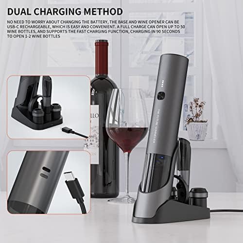 Rechargeable Electric Wine Bottle Opener Set 7-in-1 Aluminum Alloy Wine Gift Set with 2-in-1 Electric Corkscrew & Vacuum Pump, Foil Cutter, Wine Pourer, Charging Base and 2 Wine Stoppers