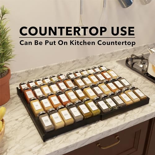 Bamboo Black Spice Drawer Organizer, (Need 3" Deep Drawer) Expandable 4 Tier Spices Rack for Cabinet, Kitchen Seasoning Storage Insert (Jars Not Included, From 12" to 23" Wide)