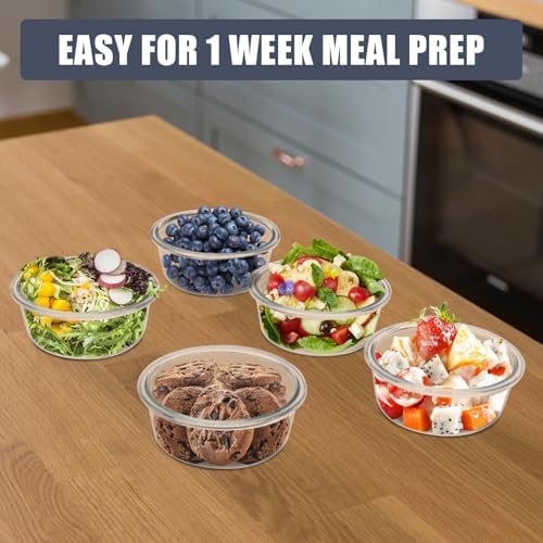 6 Pack 13 oz Small Round Glass Meal Prep Containers with Airtight Lids