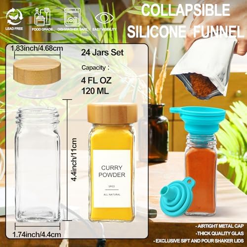 Glass Spice Jars with 398 Labels, 24 pcs 4oz Spice Containers with Bamboo Lids, Square Spice Bottles With Shaker Lids,Spice Organization for Cabinet,Drawer,Rack,Seasoning Organizer