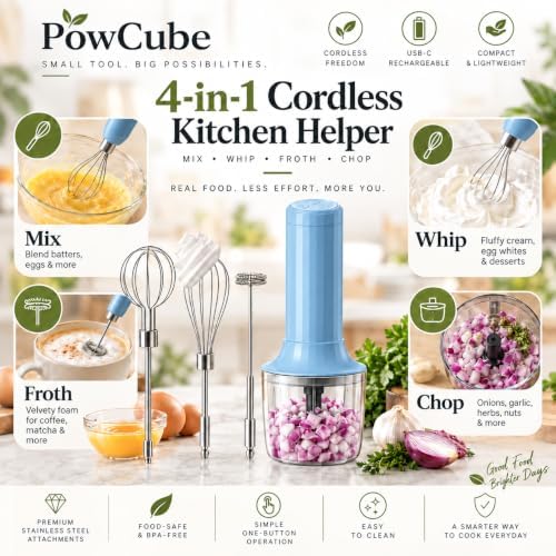 Cordless Hand Mixer, 4-in-1 Handheld Electric Mixer with Electric Whisk Frother & 10 oz Mini Food Chopper, USB-C Rechargeable 4-Speed Hand Mixer for Eggs, Cream, Coffee & Small-Batch Prep - Image 2
