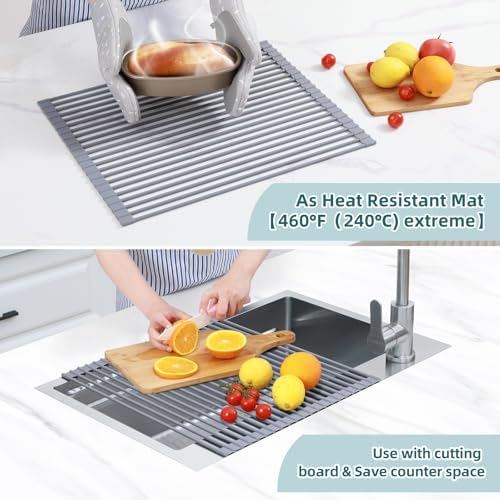 Over Sink Dish Drying Rack Silicone Wrapped 17.6" W x 15.4" L Large Over the Sink Roll Up Dish Drainer - Foldable Sink Drying Rack Rolling Drain Mats Anti-Slip Multipurpose for Kitchen Counter