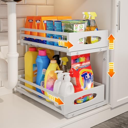 Under Sink Organizer, 2 Tier Under Sink Organizers and Storage, Adjustable Height, Slide out Metal Cabinet Organizers, Pull out Cabinet Storage Drawer Shelf for Kitchen Bathroom (White, 1 Pack)