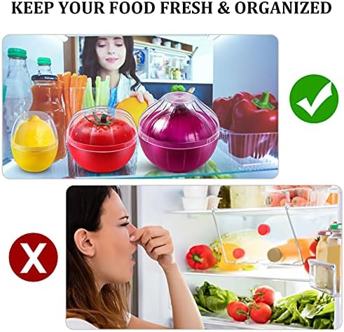Vegetable and Fruit Storage Containers for Fridge, 4 Pcs BPA Free Reusable Food Saver - Tomato, Avocado, Onion, Lemon Keeper Holder - Refrigerator Vegetable Crisper for Keeping Food Fresh Longer
