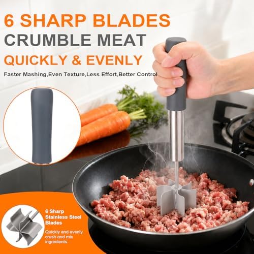 Stainless Steel Meat Chopper with 6 Wide Blades, Heavy Duty Ground Beef Masher & Meat Smasher Tool, Heat Resistant Silicone Handle Hamburger Smasher for Cast Iron & Metal Pans