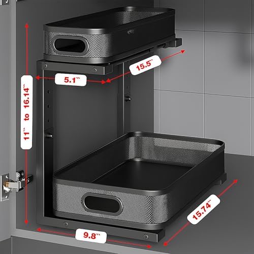 2 Pack Under Sink Organizer, Dual-Layer Pull Out Mesh Cabinet Rack with 5-Level Height Adjustment, Rust-Resistant Sliding Storage for Bathroom & Kitchen, Multi-Purpose 2-Tier Shelf(Black)