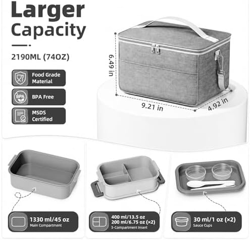 Adults Lunchbox Bento Box with Lunch Bag- 74 OZ All-in-One Stackable Lunch Box for Adults Kids Women Men Leakproof Bento Large Lunch Box Containers with Fork Spoon Sauce Box for Work School (Grey)