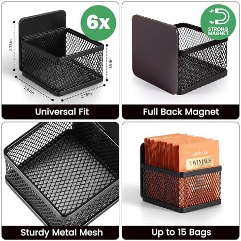 Magnetic Tea Bag Organizer - 6-Piece Metal Tea Organizer for Refrigerator, Kitchen Shelf and Counter, Stylish & Space Saving Tea Organizers and Storage