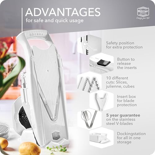 Mandoline Food Slicer Börner V5 (Profi Set) by Reston Lloyd • V-Slicer with 4 Inserts, Docking Station & Food Holder • Made in Germany • Fruit & Vegetable Chopper • Multiple Settings • Color: White - Image 4