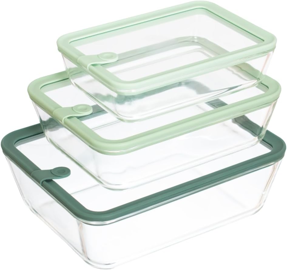Glass Food Storage Containers, Set of 3 - Airtight Vacuum Sealed Steam Vent Lids - Rectangular Borosilicate Glass Dishes with Ombre Green Lids - Assorted Sizes for Meal Prep & Leftovers, Sage