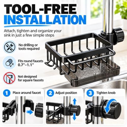 Faucet Drainer Basket, Kitchen Sink Faucet Organizer with Drip Tray, Sponge Holder and Dish Brush Holder, Quick Drying Hanging Caddy with Hook for Soap, Scrubbers, Kitchen & Bathroom(Black-B)