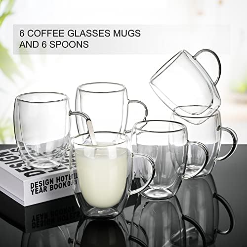 6 Pack Double Walled Coffee Cups Glasses Mug 12oz Borosilicate Glass
