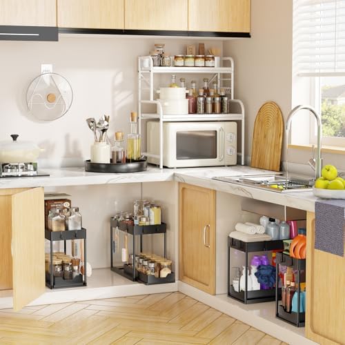 Under Sink Organizer 2 Pack, Sink Pull-Out Sliding Storage Cabinet, 2-Tier Under Shelf Organizer for Kitchen Bathroom, Black