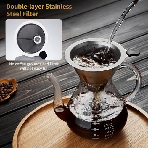 Pour Over Coffee Maker with Double Stainless Filter 27 fl oz, Thickened Heat-Resistant Borosilicate Glass Pour Over Coffee Dripper, Stovetop Safe