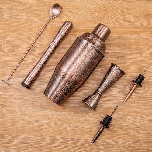3D Etching Cocktail Shaker Set Bartender Kit with Cocktail Shaker,Jigger, Muddler, Bar Spoon, Bar Accessory Tools, Reindeer Deer Head Pattern, Stainless Steel, Copper Plated