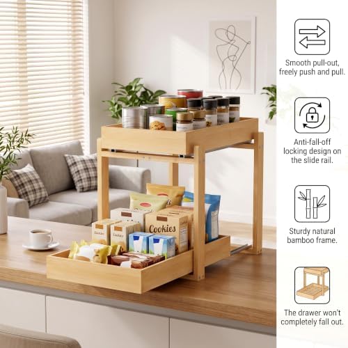 Bamboo Under Sink Organizer, 2 Pack Pull Out Cabinet Organizer