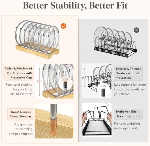 Bamboo Pot Lids Organizer Inside Cabinet, Pan Organizer, 8 Dividers