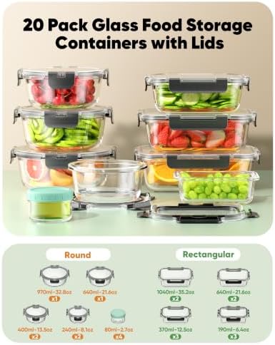 40 PCS Glass Food Storage Containers with Lids, BPA-Free