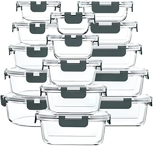 30 Piece Extra Large Glass Food Storage Containers with Lids,Gray