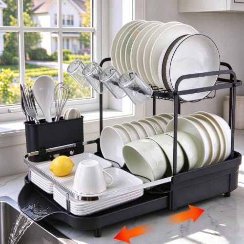 Expandable Dish Rack for Kitchen Counter, 2-Tier Dish Racks, Detachable Large Capacity Dish Drainer Organizer with Auto Drain, Stainless Steel Dish Drainer with Cup & Utensil Holders
