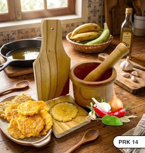 2pcs Pilon Tostonera Kitchen Latin Cuisine Wooden Mortar and Pestle with Natural Wood Plantain Press – Tostones Plantain Smasher Grinder for Fried Bananas, Garlic, Spices, Herbs, Peppers Add Flavor