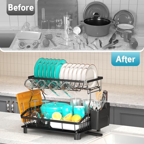2 Tier Dish Drying Rack for Kitchen Counter, Large Capacity, Black