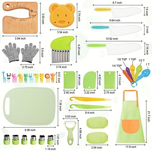 50PCS Kids Kitchen Cooking Set - Crocodile Wooden Kid Safe Knife Cutting Board Apron Gloves Fruit Vegetable Crinkle Cutters Peeler Serrated Edges Plastic Toddlers Knives, Kids Knifes for Real Cooking