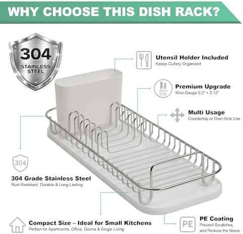 304 Stainless Steel NeverRust Compact Dish Drying Rack with Utensil Holder & Removable Drain Tray, Rustproof Small Dish Rack for Kitchen Countertop or Over Sink (Metallic Silver, Compact)