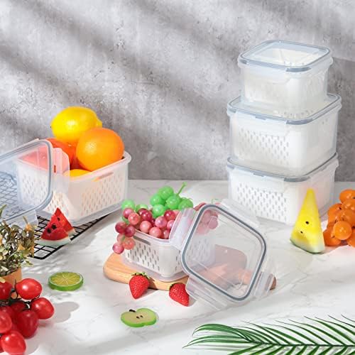 6 Pcs Fruit Storage Containers for Fridge, Food Storage Containers Berry Produce Fridge Organizer with Removable Colander Keep Fruits, Vegetable, Veggie, Meat Fresh Longer(Medium, Small)
