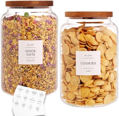 Set of 2 Large Glass Flour and Sugar Containers with 132 Pantry Labels - Glass Food Storage Jars with Airtight Bamboo Lid for Flour Pasta Candy Coffee Cookie and More(1 Gallon/4000 ml)