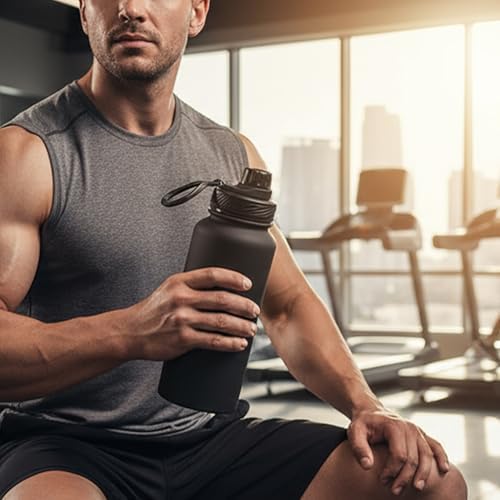 Black 32 oz Insulated Metal Stainless Steel Water Bottle 2 Lids